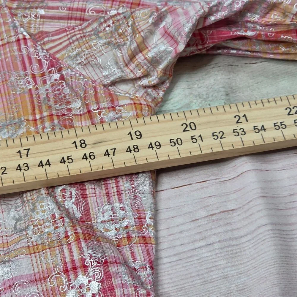 Wrangler Womens Medium Pink/Orange Plaid Long Sleeve Western Shirt With Silver F - Picture 7 of 8